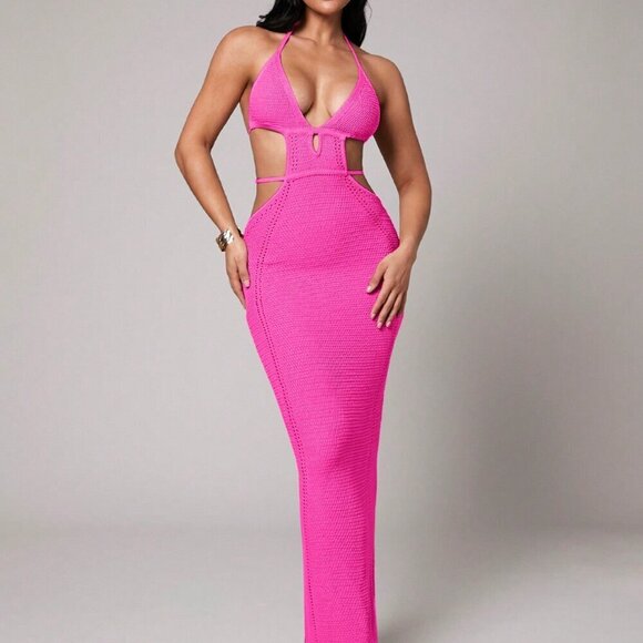 Hot Pink Sexy Women's Crochet Deep V-Neck Hollow Slit Mid-Length Dress - Picture 1 of 8